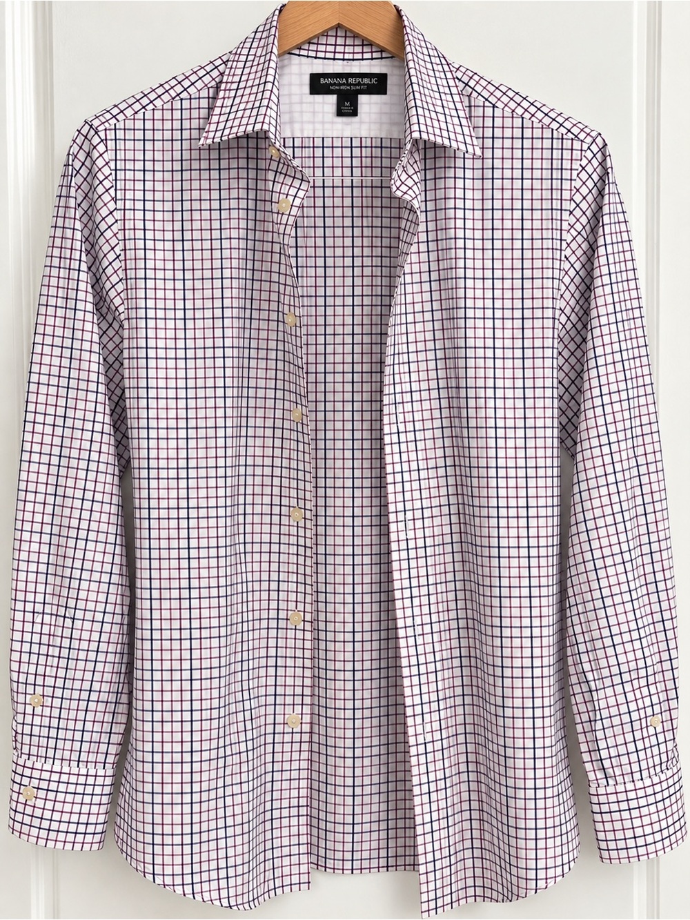 Banana Republic Slim Fit Checked Dress Shirt - White with Pink & Navy